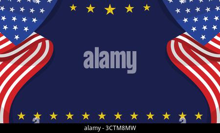 Design patriottico con bandiera americana ricurva e stelle dorate su sfondo blu scuro adatto per il Veterans Day o qualsiasi altro evento. Illustrazione Vettoriale