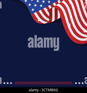 Illustrazione vettoriale patriottica con bandiera americana ondulata con stelle e strisce su sfondo blu scuro, ideale per il Veterans Day. Illustrazione Vettoriale