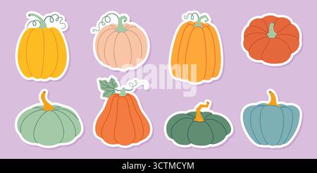 Set di adesivi per zucca. Zucca e zucca di diversi colori e dimensioni. Design piatto alla moda e disegnato a mano, isolato. Ringraziamento, raccolto agricolo. Illustrazione vettoriale Illustrazione Vettoriale