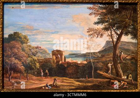MARCO RICCI (Belluno, 1676 - Venezia, 1730), paesaggio con boscaioli e cavalieri, paesaggio con falegnami e signori, II-terzo decennio del Settecento, gallerie dell'Accademia, Galleria dell'Accademia, campo della Carita, Dorsoduro, Venezia, Venezia, Veneto, Italia. Foto Stock