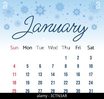 Pagina calendario minimalista per gennaio 2026 con illustrazione vettoriale dei fiocchi di neve. Illustrazione vettoriale del calendario gennaio 2026 con fiocchi di neve blu. Calenda Illustrazione Vettoriale