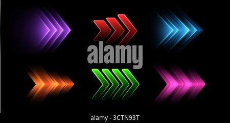 Frecce colorate e brillanti, puntatori dinamici, concetto di movimento veloce. Illustrazione Vettoriale