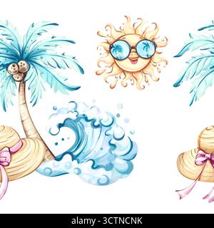 Un vivace motivo senza interruzioni di elementi per le vacanze estive, caratterizzato da palme, un sole allegro, cappelli da spiaggia e onde allegre, perfetto per un colorato Illustrazione Vettoriale