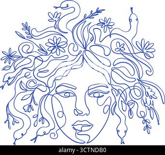 Mitologia greca Medusa Gorgon Line Art Dea dell'Antico Dio delinea una linea moderna minimalista vettore estetico Illustrazione Vettoriale