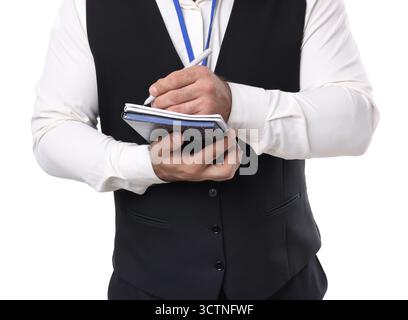 Giornalista che prende appunti su sfondo bianco, primo piano Foto Stock