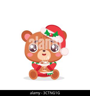 Orso di Natale con tazza di cacao nel cappello di Babbo Natale Illustrazione Vettoriale