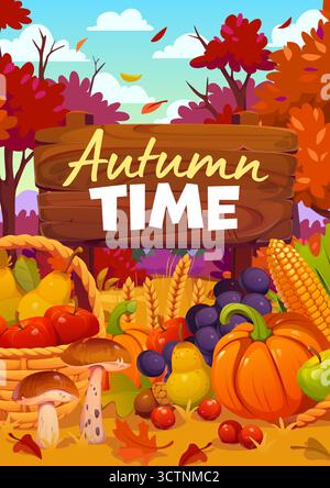 Poster della vendemmia autunnale con zucche, uva e mele, pere, mais e funghi, bacche e cartelli in legno che leggono i cartelli autunnali del festival della vendemmia, vendite stagionali, biglietti di auguri di ringraziamento Illustrazione Vettoriale
