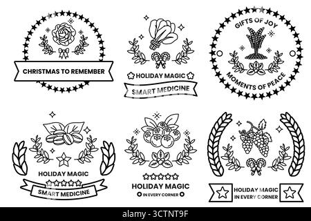 Un set di sei francobolli a tema natalizio con frutta e fiori diversi. I francobolli sono stati progettati per evocare un senso di magia e meraviglia durante il soggiorno Illustrazione Vettoriale
