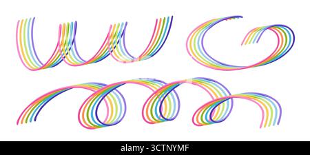 Set di linee astratte dell'onda arcobaleno. Colorate forme del nastro curvo in sfumatura arcobaleno. Le linee Rainbow Wave sono perfette per la decorazione e il design digitale Illustrazione Vettoriale
