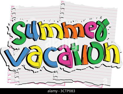 Tipografia vettoriale per le vacanze estive: Design di testo colorato disegnato a mano su carta per notebook per viaggi e temi scolastici Illustrazione Vettoriale