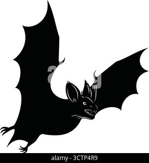 Pipistrello nero che vola con la bocca aperta e le ali spalmate, perfetto per halloween, gotico, notturno o spaventoso design a tema faunistico. Illustrazione Vettoriale
