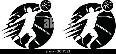 Silhouette di un giocatore di pallacanestro che esegue una sfarzosa, ideale per loghi sportivi e promozioni di gioco. Illustrazione Vettoriale