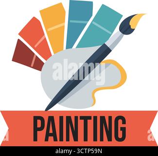Un'icona di pittura creativa con una tavolozza, un pennello, campioni di colore e un banner di pittura. Illustrazione Vettoriale