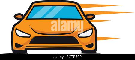 Logo arancione per auto cartoni animati che guida veloce con linee di velocità, che rappresentano trasporto rapido, consegna o servizi automobilistici Illustrazione Vettoriale