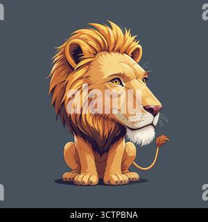 Carino illustrazione del leone di cartone animato con audace criniera su sfondo scuro Illustrazione Vettoriale