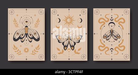 Disegni di boho mistico con farfalle, serpenti ed elementi celesti per un'opera d'arte decorativa spirituale. Carta mistica beige con fasi lunari, sole e falena. Illustrazioni tarocchi per il branding del benessere Illustrazione Vettoriale