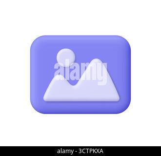 Immagine viola, foto, file della galleria jpg. Montagne e sole. icona vettoriale 3d. Stile minimalista cartoni animati. Illustrazione Vettoriale