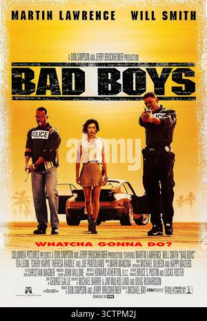 Bad Boys (1995), diretto da Michael Bay e interpretato da Will Smith, Martin Lawrence e Téa Leoni. Due detective di Miami corrono contro il tempo per recuperare l'eroina rubata e proteggere un testimone da uno spietato signore della droga. Fotografia di un poster originale del 1995 USA a un foglio SOLO PER USO EDITORIALE. Crediti: BFA / Columbia Pictures Foto Stock