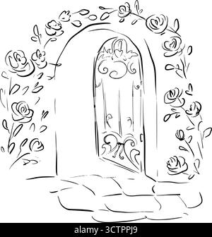 Romantico arco in giardino circondato da rose in fiore. Illustrazione grafica della linea vettoriale in uno stile di schizzo rapido. Ideale per inviti di nozze Illustrazione Vettoriale