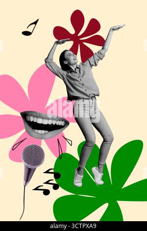 Poster trend sketch 3D collage di poster stagione estiva giovani donne ballo microfono labbra cantare tempo libero occasioni notturne intrattenimento clubber Foto Stock