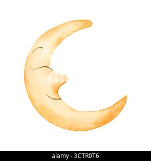 Carino Half Crescent Smile Moon. Elemento orizzontale. Illustrazione disegnata a mano con acquerello isolata su sfondo bianco per bambini e bambini Foto Stock