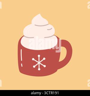 Tazza di Natale rossa con panna montata e fiocco di neve accogliente illustrazione delle vacanze invernali Illustrazione Vettoriale