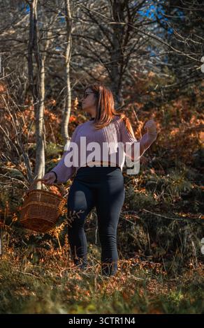 Un'attraente raccoglitrice di funghi che indossa leggings e un maglione corto si staglia con sicurezza con un cesto in vimini intrecciato in un'assolata foresta autunnale, look Foto Stock