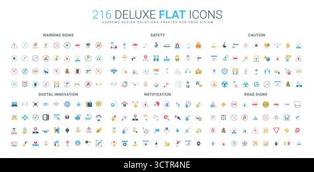Set completo di icone piatte con cartelli di avvertenza, simboli di sicurezza, indicatori di attenzione, innovazione digitale, notifica, e diverse indicazioni stradali, illustrazione vettoriale isolata Illustrazione Vettoriale