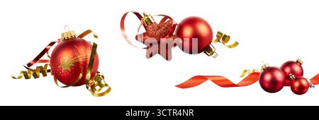 set di decorazioni per palle di natale con nastro rosso e oro e stelle isolate sul bianco Foto Stock