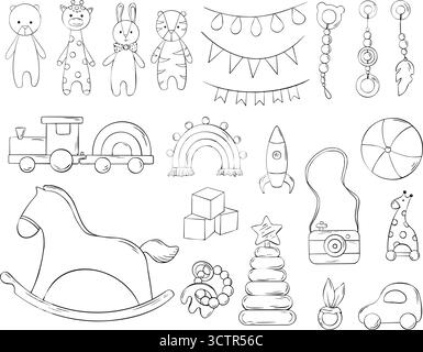 Clipart dei giocattoli per bambini Large Vector. Delinea cubi di legno, razzo, giraffa. Inchiostro disegnato a mano. Benvenuto neonato. Illustrazione incisa per il poster Illustrazione Vettoriale
