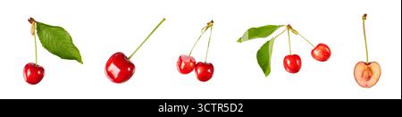 set di ciliegie varie con e senza foglie isolate su bianco Foto Stock