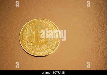 Moneta bitcoin d'oro su una superficie riflettente che simboleggia la ricchezza digitale e la valuta virtuale Foto Stock