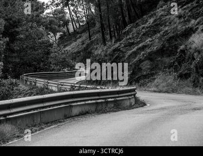 Winning Mountain Road in bianco e nero - Serpentine attraverso Forest and Rock in Moody Monochrome Landscape Foto Stock