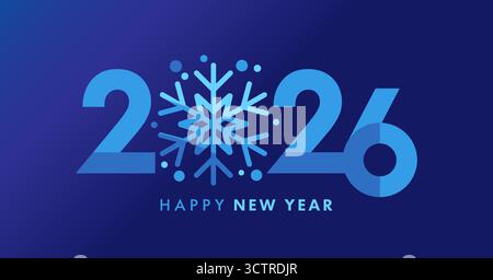 Felice anno nuovo 2026, fiocco di neve e numeri tipografici. Design artistico natalizio per il poster della festa di Capodanno 2026 o biglietto d'auguri con neve sfaccettata creativa Illustrazione Vettoriale