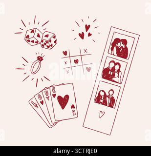 Elementi d'amore romantici dadi, forme del cuore, anello, carte, disegno fotografico in grazioso stile vintage con sfondo rosso su beige Illustrazione Vettoriale