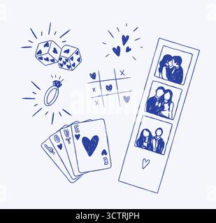 Elementi d'amore romantici dadi, forme del cuore, anello, biglietti, foto disegnate in grazioso stile vintage su sfondo blu Illustrazione Vettoriale