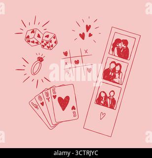 Elementi d'amore romantici dadi, forme del cuore, anello, biglietti, foto disegnate in grazioso stile vintage con sfondo rosso su rosa Illustrazione Vettoriale