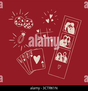 Elementi d'amore romantici dadi, forme del cuore, anello, carte, disegno fotografico in grazioso stile vintage con beige su sfondo rosso Illustrazione Vettoriale