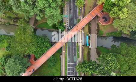 Veduta aerea di un ponte pedonale che attraversa una strada e un fiume, abbracciato da lussureggianti alberi verdi, Giacarta, Indonesia. Foto Stock