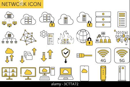 Set di icone di linea relative alla rete di 28 elementi, tra cui cloud computing, server dati, router, riunione remota, upload e download, sicurezza, dispositivi e int Illustrazione Vettoriale