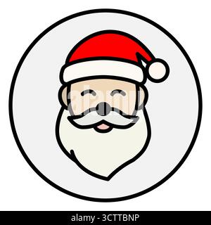 Icona contorno di Babbo Natale. Faccia in monolina con cappello e barba. Emblema vettoriale bianco e nero. Design natalizio pulito e minimale, ideale per icone, confezioni, Illustrazione Vettoriale