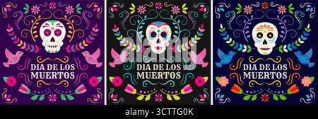 Set del vettore quadrato Day of the Dead. Progettare biglietti d'auguri, social media e stampa. Illustrazione Vettoriale