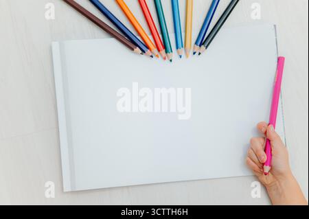Un vivace assortimento di matite colorate insieme a una tela vuota pronta per l'espressione creativa Foto Stock