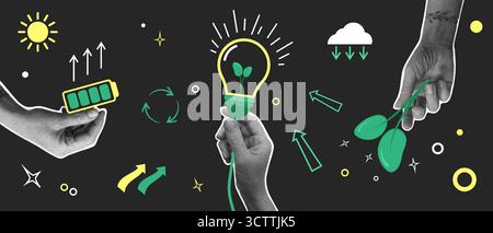 Set di eco zero rifiuti, applique mezzitoni mani per contenere la batteria del supporto energetico, la lampada e salvare la natura. Concetto di uso ecologico delle risorse energetiche Illustrazione Vettoriale