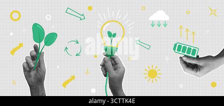 Set di eco zero rifiuti, applique mezzitoni mani per contenere la batteria del supporto energetico, la lampada e salvare la natura. Concetto di uso ecologico delle risorse energetiche Illustrazione Vettoriale