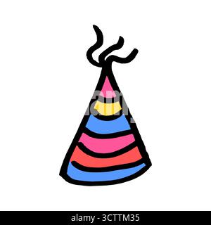 Cappello da festa - cappello conico per festività. Oggetto disegnato a mano in stile doodle. Semplice contorno isolato. Illustrazione Vettoriale