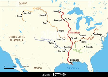 Mappa vettoriale del fiume Mississippi e dei principali affluenti degli Stati Uniti Illustrazione Vettoriale