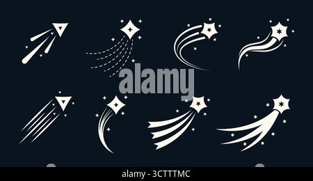 Silhouette di cometa e stelle cadenti con sentieri luccicanti. Collezione vettoriale retro Y2K di meteore volanti e forme astratte. Design cosmico dinamico con movimento magico. Illustrazione Vettoriale