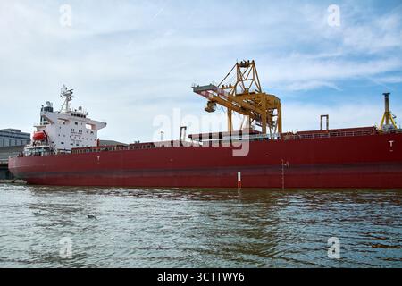 Venezia. Italia - 8 ottobre 2025: Una nave portarinfuse viene scaricata da una gru speciale presso il porto industriale di Venezia. Foto Stock