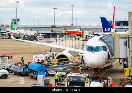Schiphol Airport, Amsterdam, Paesi Bassi, 29 agosto 2025. Lavoratori che scaricano i bagagli da un aereo commerciale passeggeri su una cintura di trasporto Foto Stock